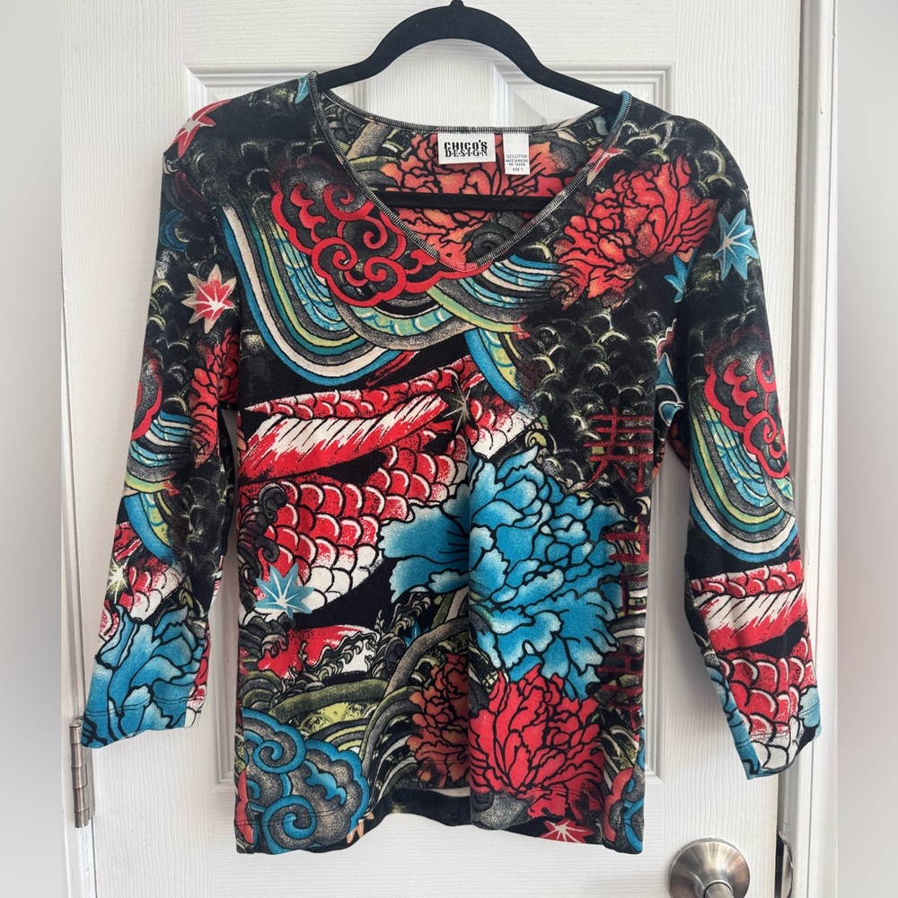 Vintage Y2K Tattoo Design 3/4 Sleeve Top Size 1